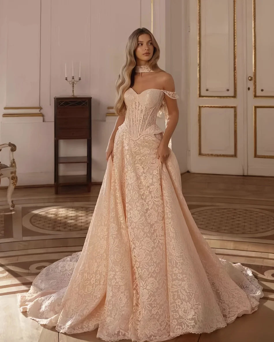 Ivory 3D floral lace bridal dress with off-shoulder sweetheart neckline, full skirt