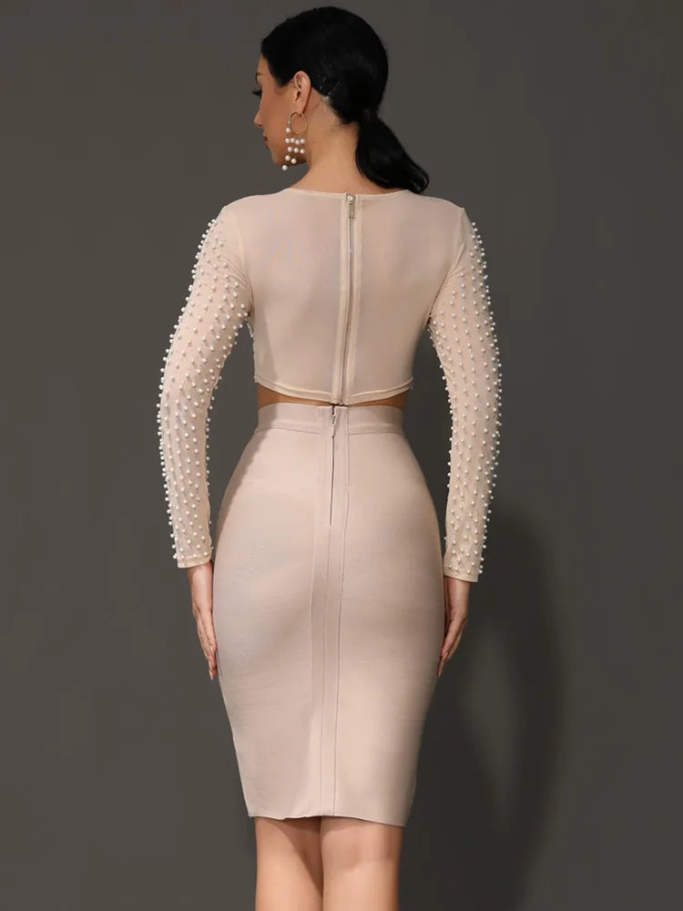 Mesh Pearl Black Midi Party Dress