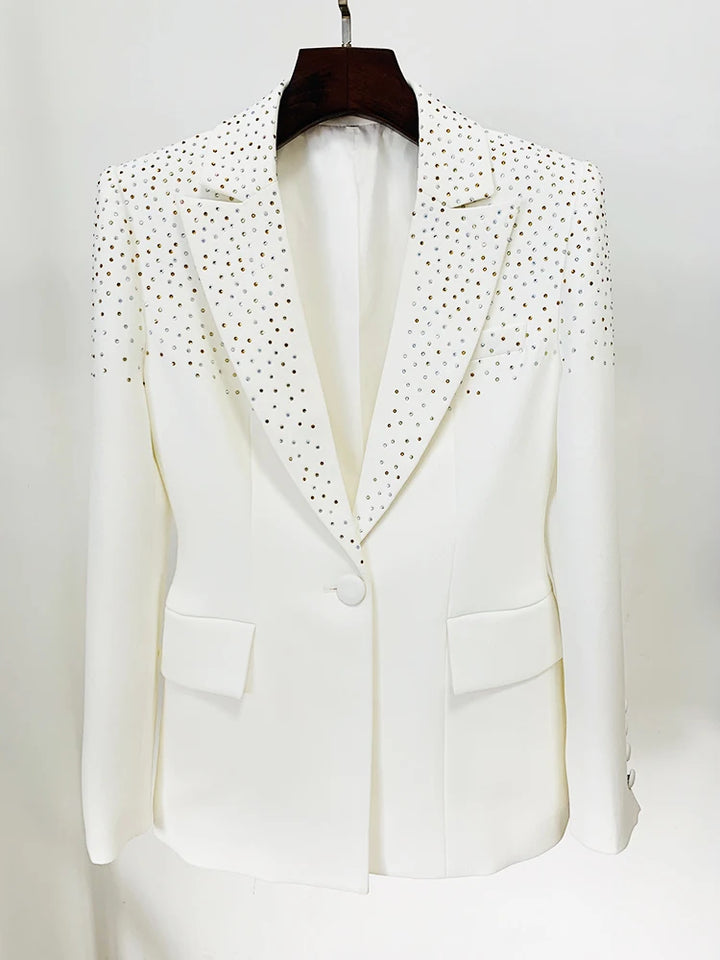 Lovely Single Button Diamonds Beaded Blazer