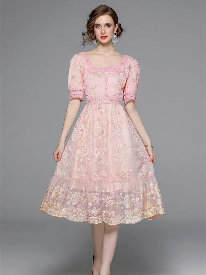 Sweet Lace Embroidered A-Line Midi Dress