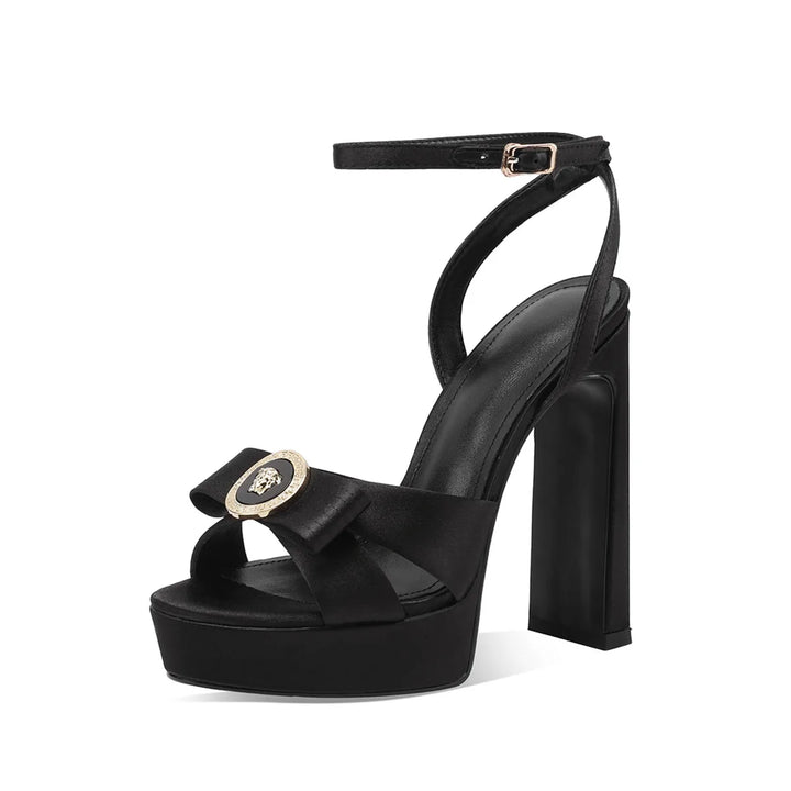 Black satin platform sandals with round toe, T-strap and ankle strap buckle, chunky block heel