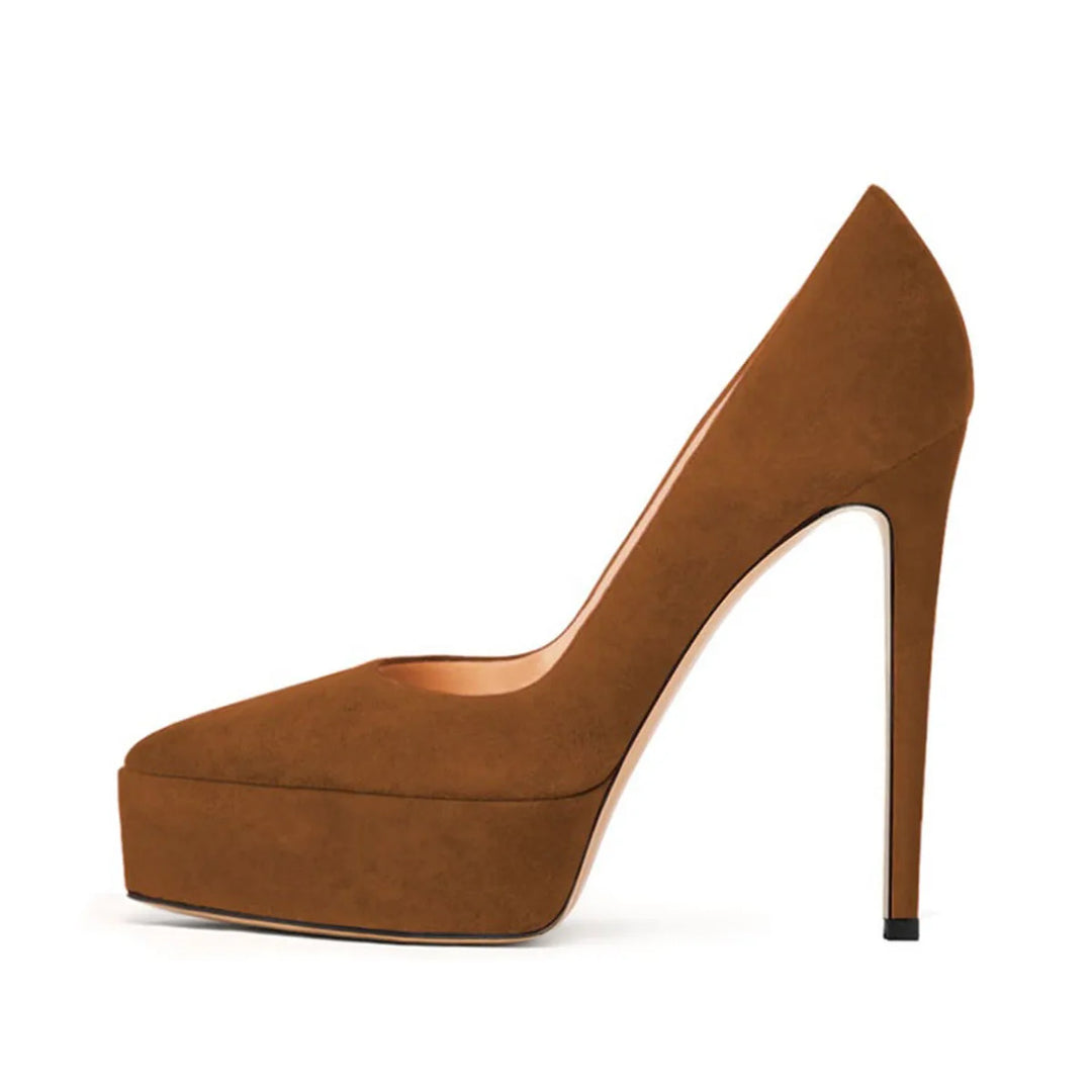 Brown faux suede platform high-heel pumps with pointed toe and stiletto heel