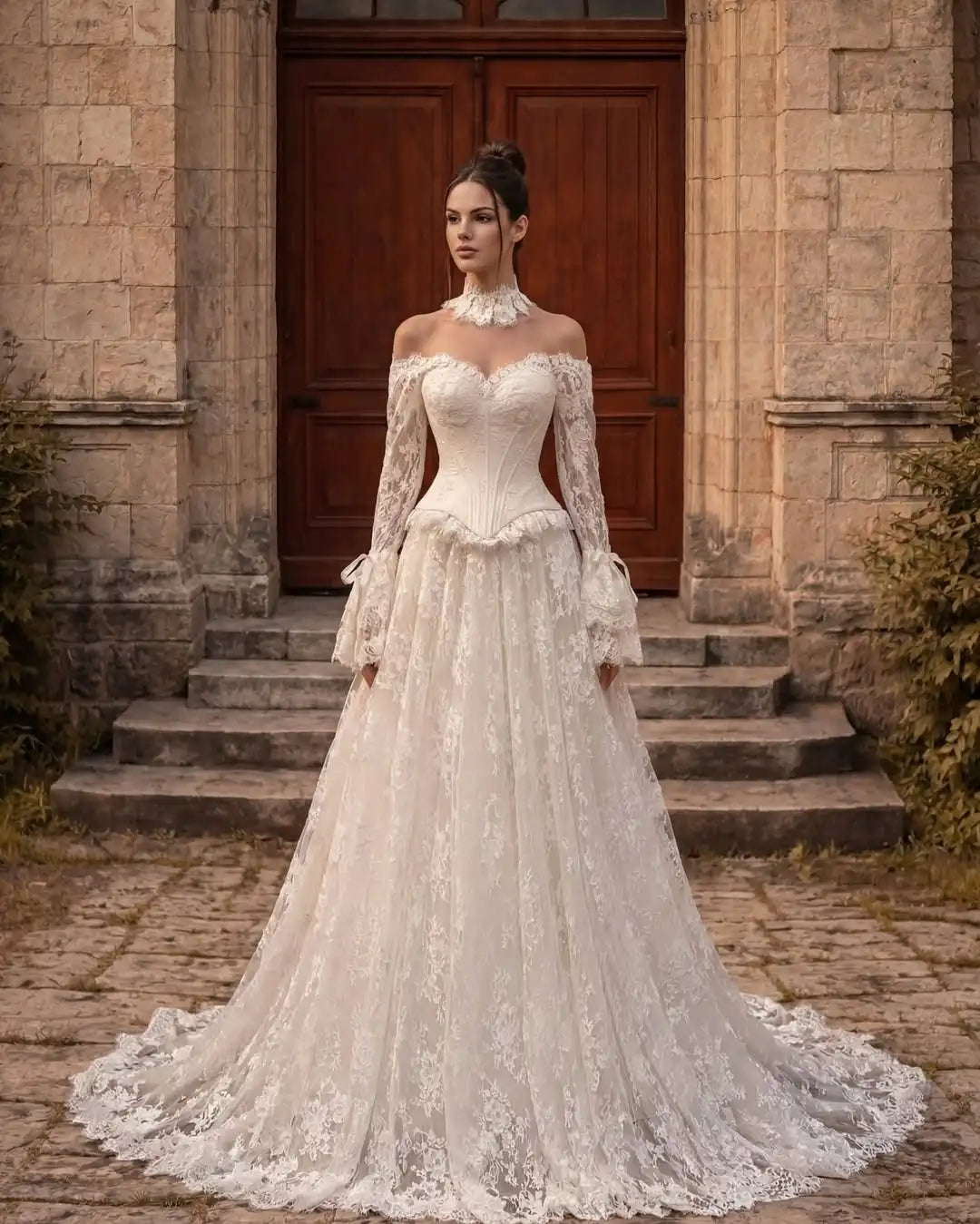 White lace corset wedding gown with off-shoulder neckline, long sleeves, and waist ruffle