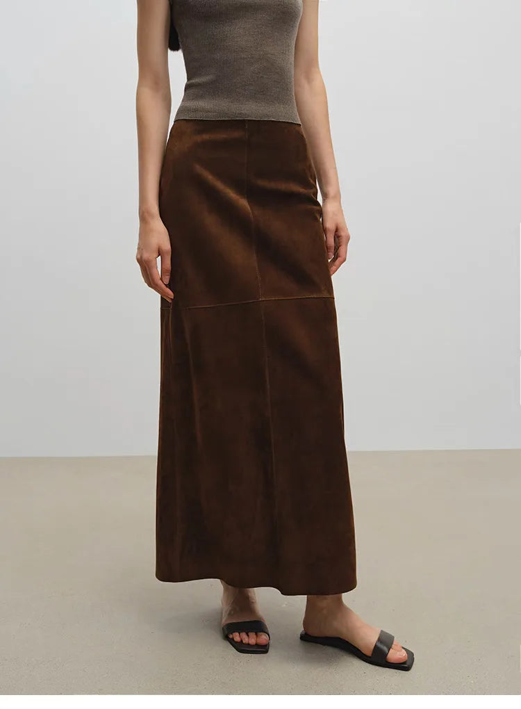 Women’s suede maxi skirt in mocha brown with fitted waistband and front slit