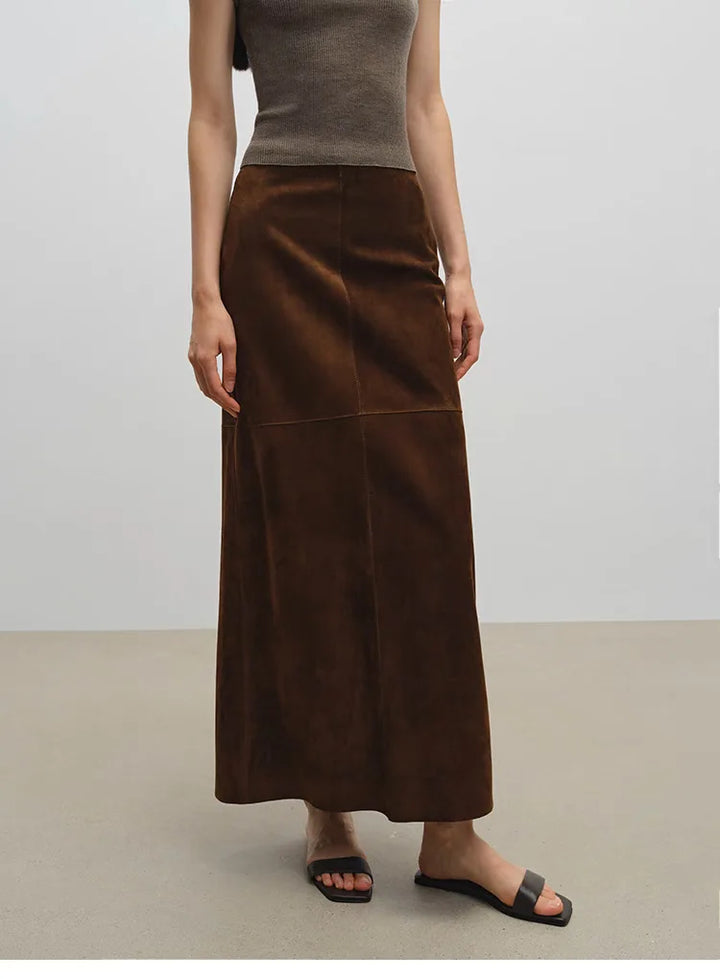 Women’s suede maxi skirt in mocha brown with fitted waistband and front slit