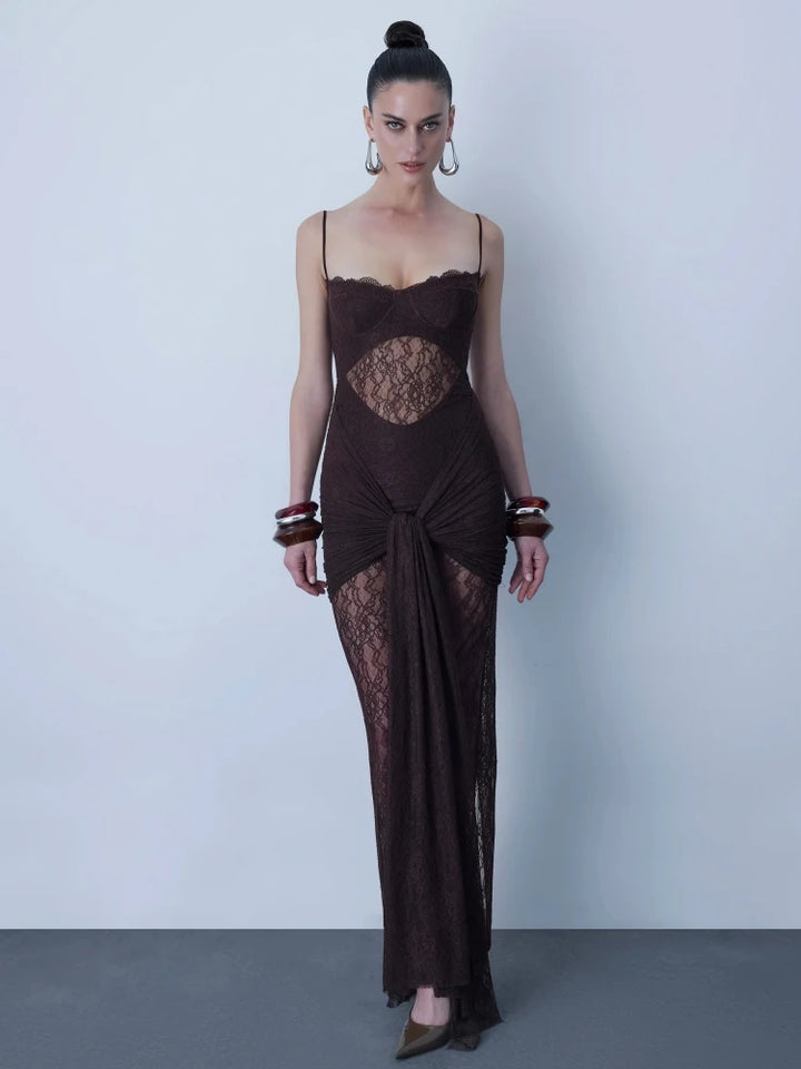 Regal Mesh Floral Lace Draped Dress