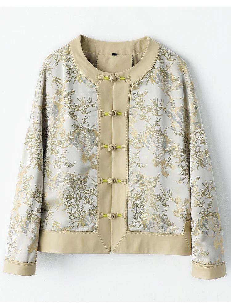 Women’s silk-leather coat, creamy yellow botanical print, stand collar with green snap buttons