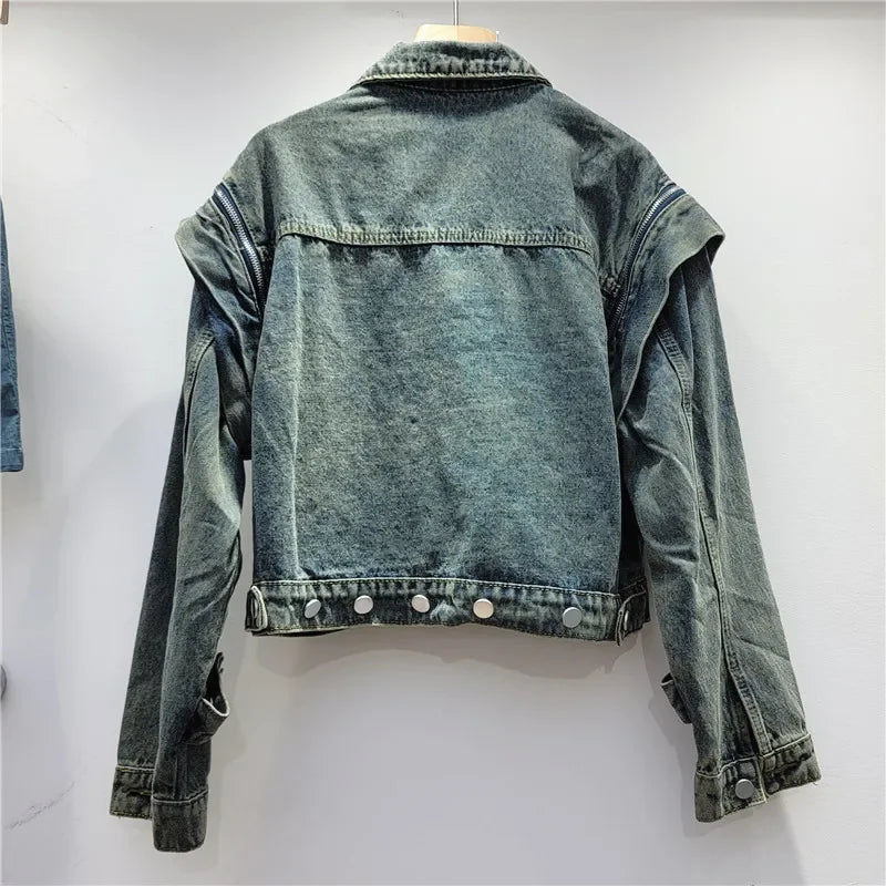 Trendy Multi-zipper Short Denim Jacket
