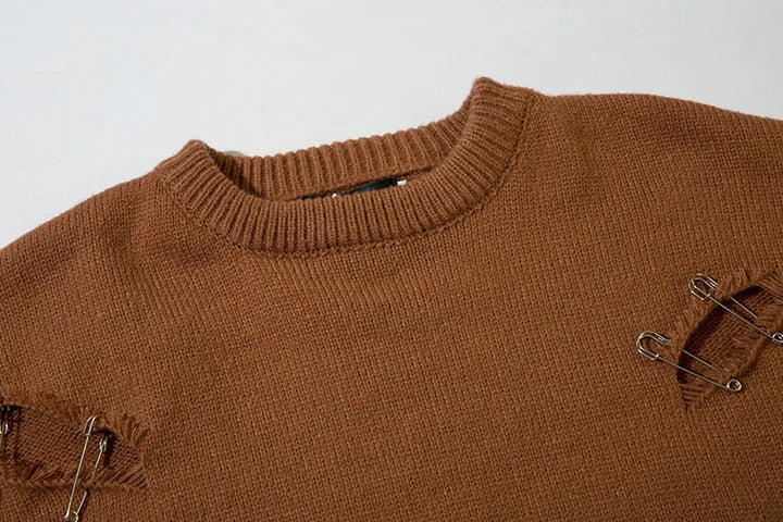 Vintage Pin Ripped Hole Women Jumper