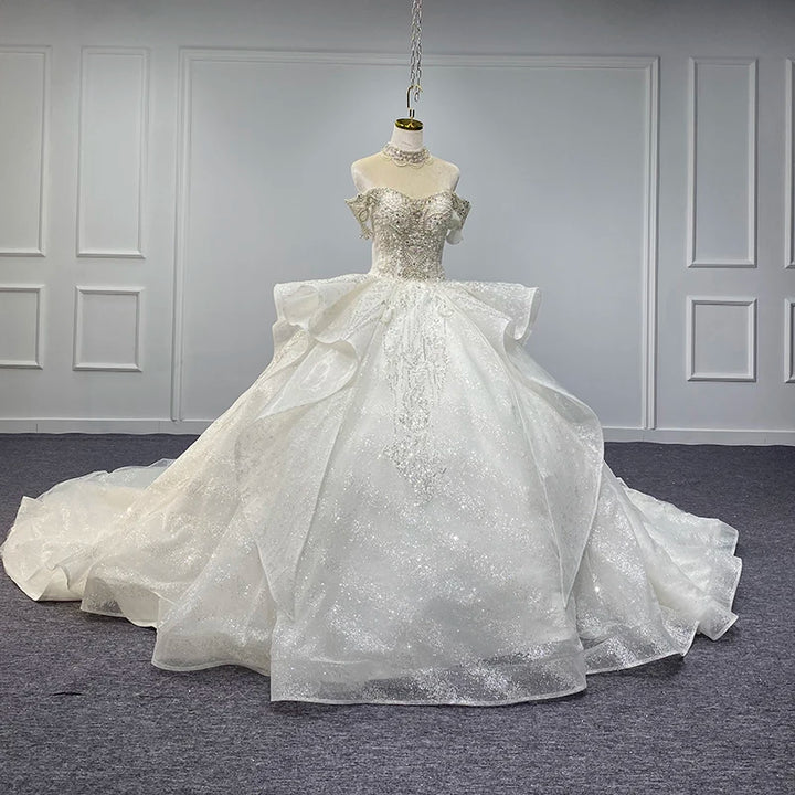 Robe de mariée romantique à prix surprise de janvier, robe de bal, traîne chapelle, perles, manches courtes, broderie, MN01