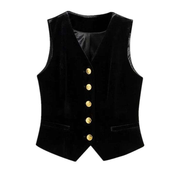 Black velvet sleeveless waistcoat with V-neck and five gold button front