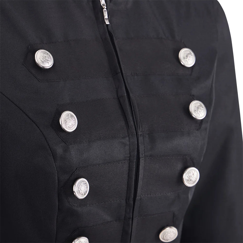 Black blazer front close-up with silver buttons and zip placket