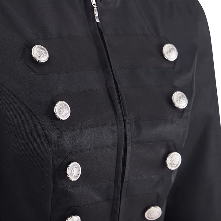 Black blazer front close-up with silver buttons and zip placket