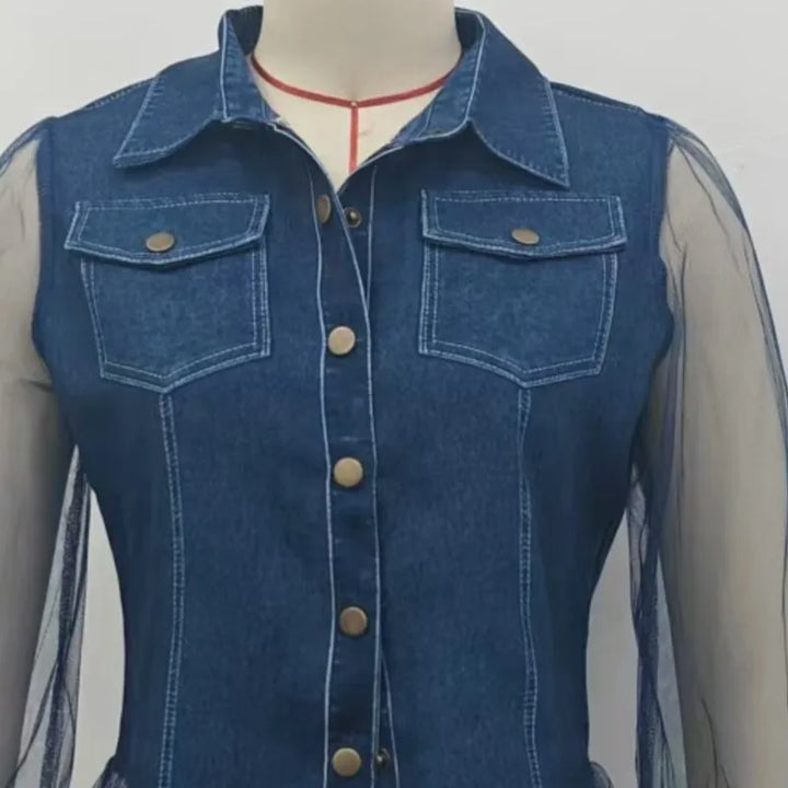 Blue denim patchwork blouse close-up with flap pockets and gold button placket