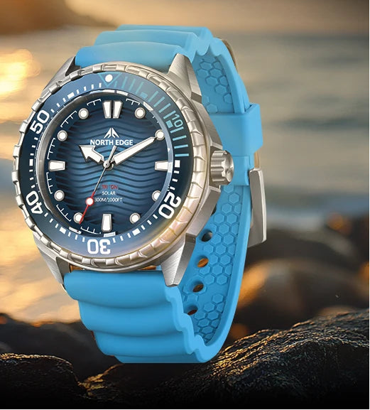Titanium digital dive watch with blue dial and blue silicone strap