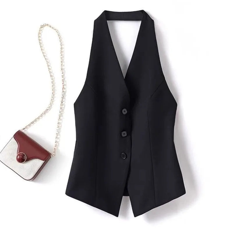 Women’s black sleeveless V-neck blazer vest with front button closure