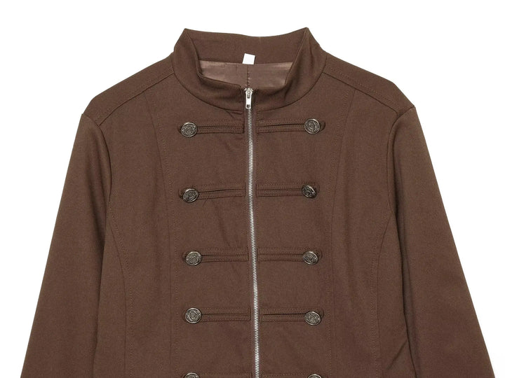 Brown high-neck cropped blazer with front zip, double-row snap buttons, flap pockets