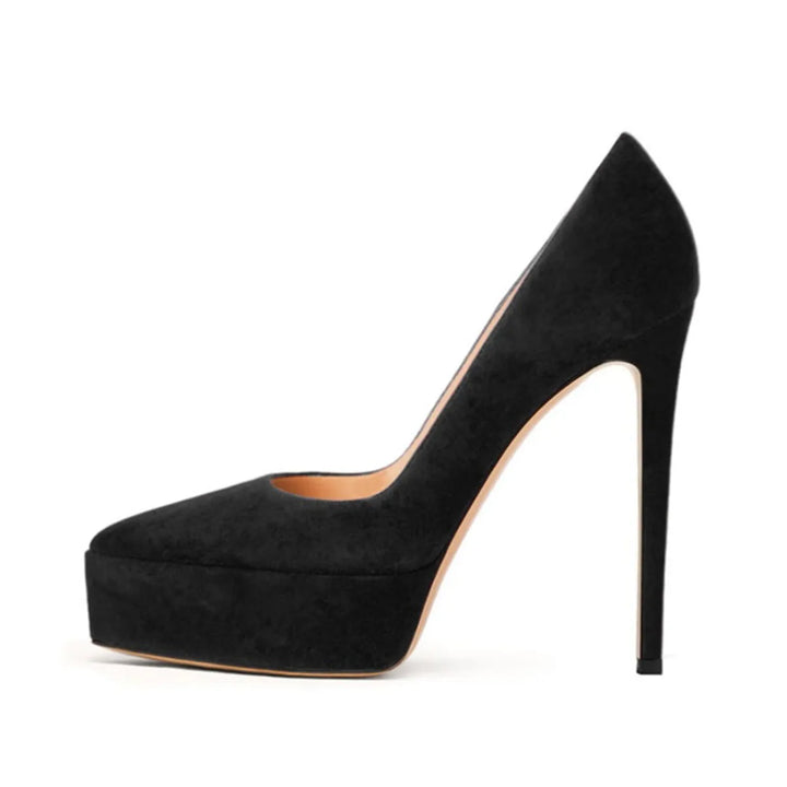 Black faux suede platform high-heel pumps with pointed toe and stiletto heel