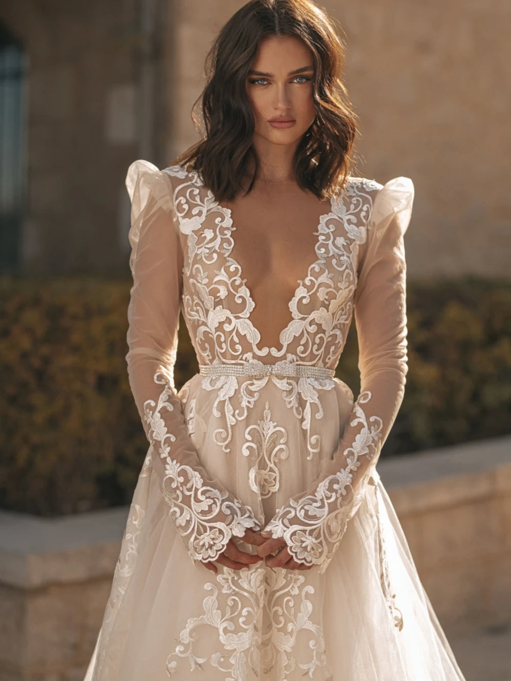 Deep V-Neck Lace Applique Bridal Gown