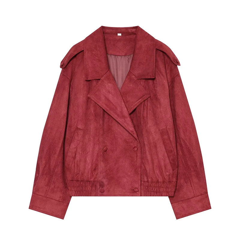 Red faux suede biker jacket with notch lapels, button front, and flap pockets