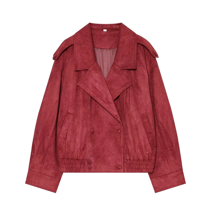 Red faux suede biker jacket with notch lapels, button front, and flap pockets