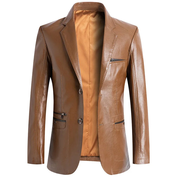 Tan-brown faux leather biker coat with notch lapels, button front, and chest pocket