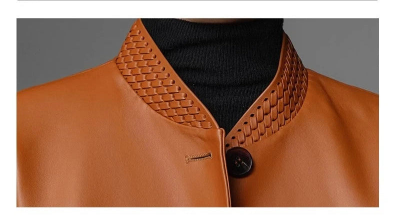 Women’s sheepskin woven coat with textured high collar and button-front placket