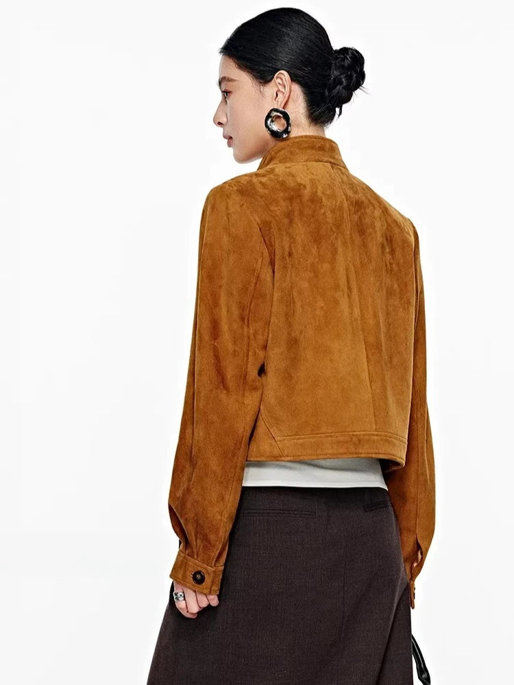 Brown suede jacket back view with yoke seam and snap-closure collar, long sleeves.