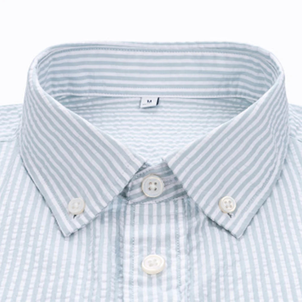 Men's striped cotton shirt with button-down collar and front button placket