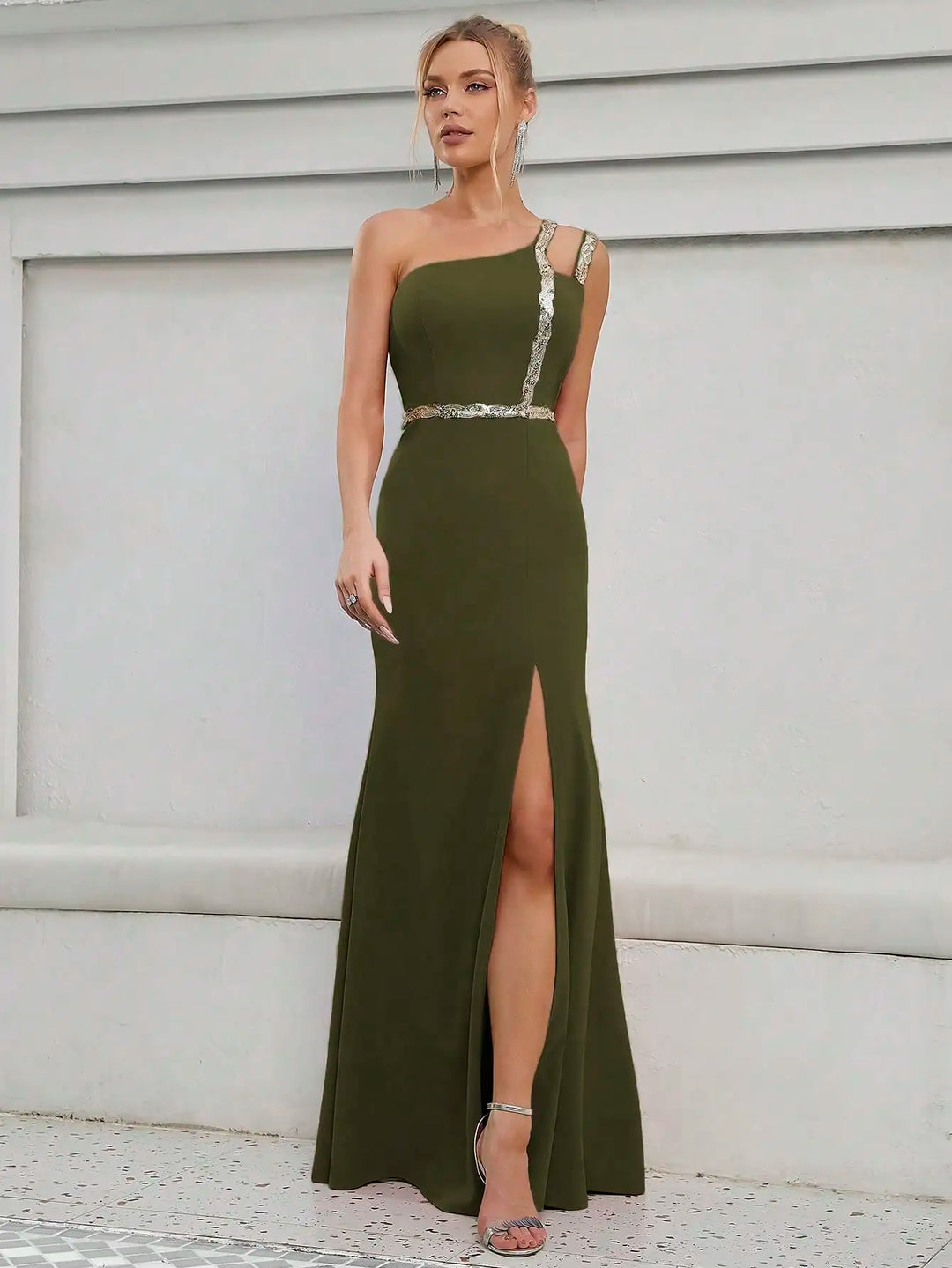 Radiant Sequins Ribbon Side Slit Gown