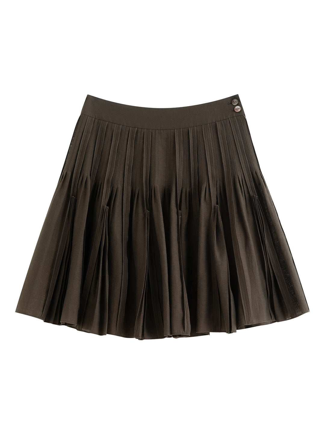Dark brown pleated mini skirt on white background, elastic waist with small button