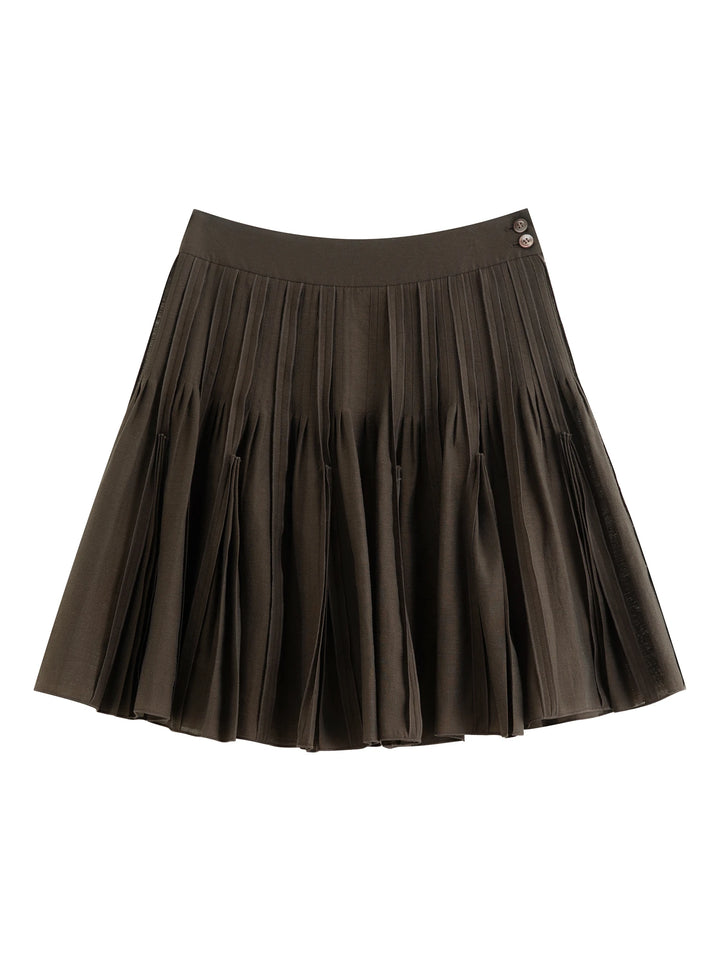 Dark brown pleated mini skirt on white background, elastic waist with small button