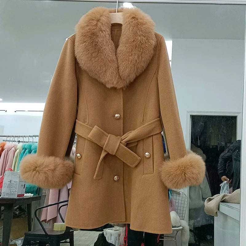 Elegant Fur Collar Slim Cashmere Coat