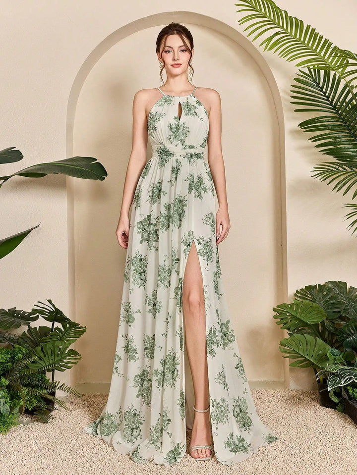 Charming Floral Halter-Neck Long Chiffon Dress