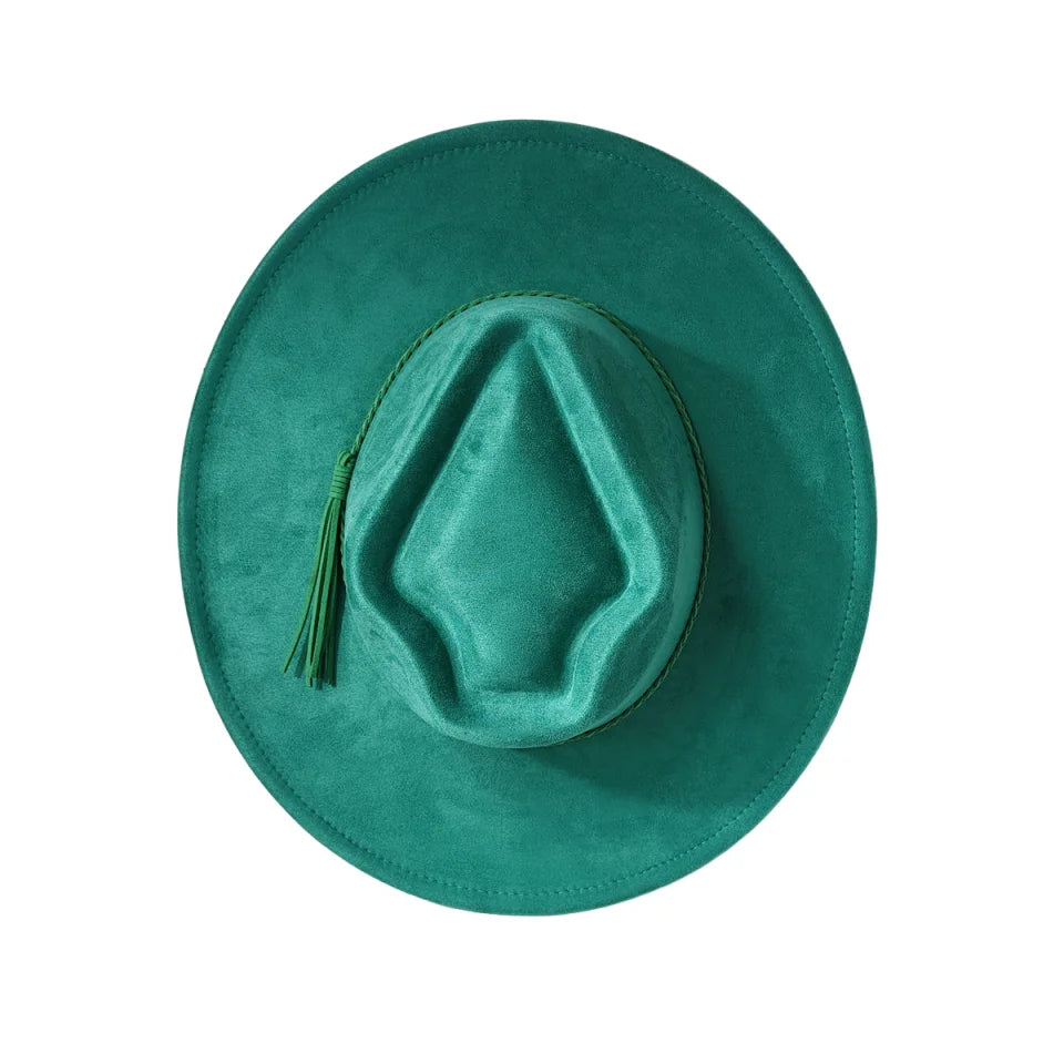 Women’s suede arrow top hat in forest green, wide brim with fringe tassel detail.