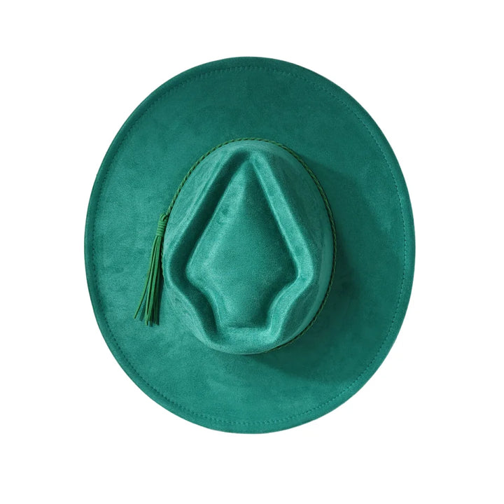 Women’s suede arrow top hat in forest green, wide brim with fringe tassel detail.