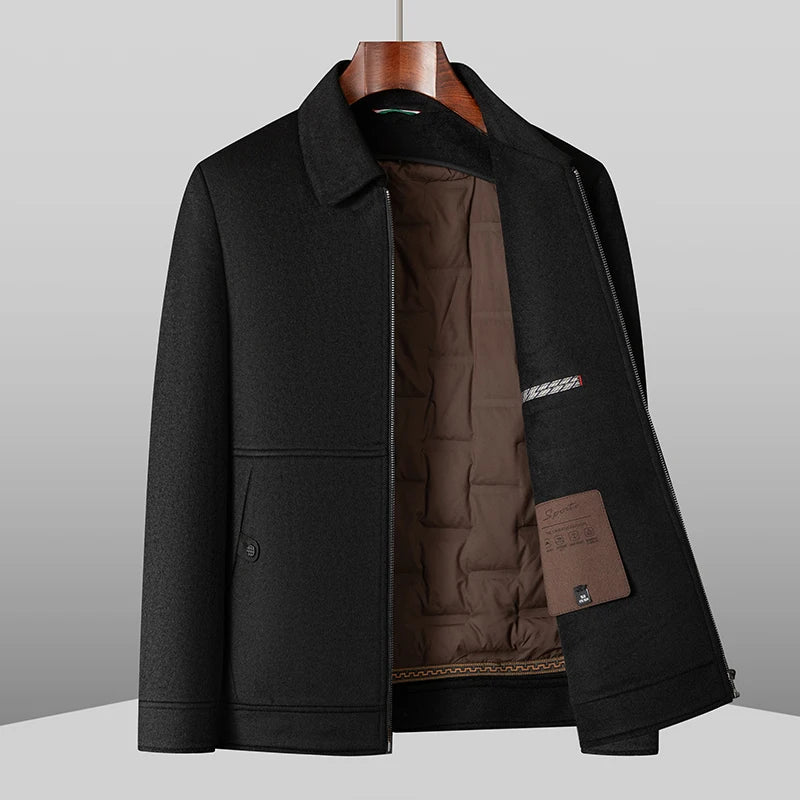 Black detachable goose down coat with stand collar and zip front