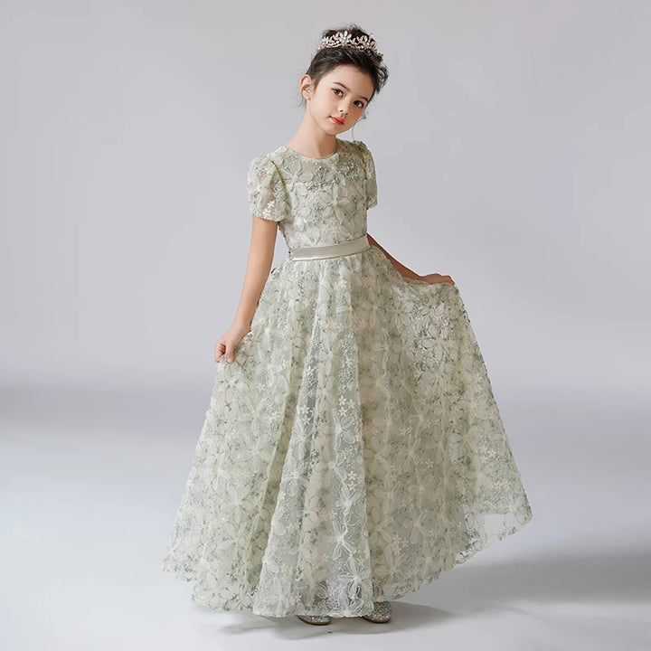 Puff Sleeves Rhinestone Flower Girls Dress