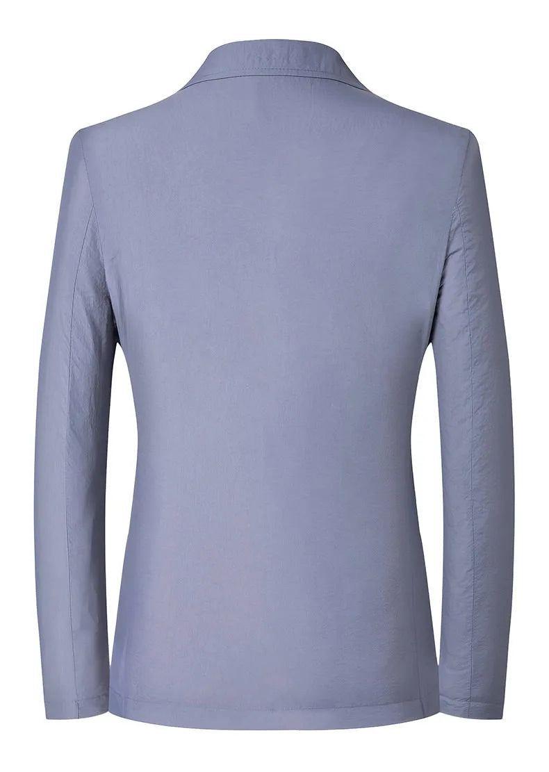 Back view of a light blue blazer on a white background