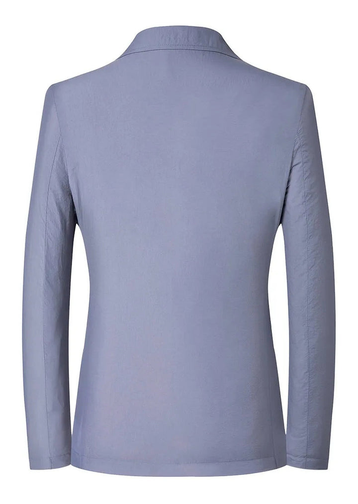 Back view of a light blue blazer on a white background