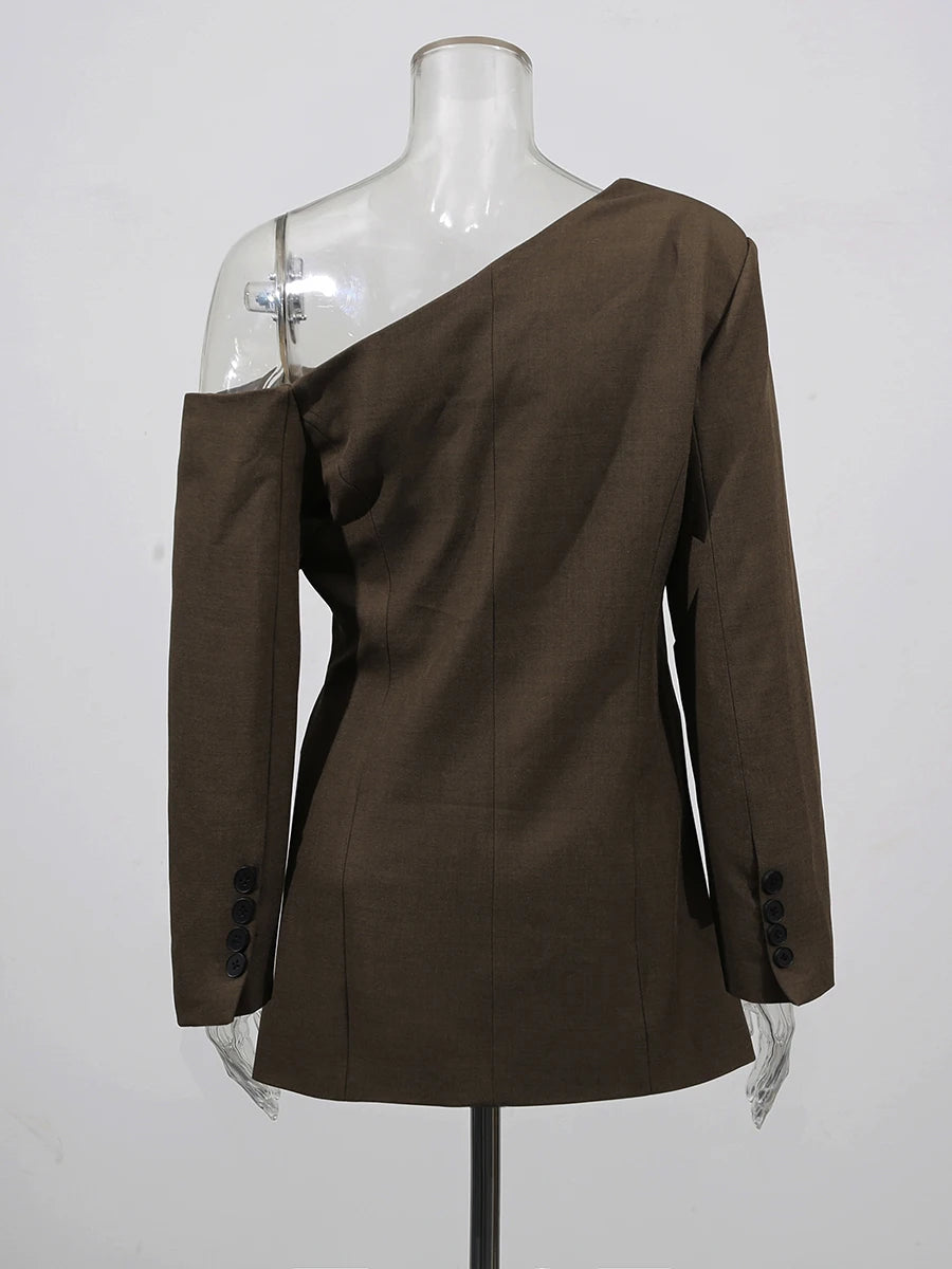 Coffee brown off-shoulder blazer on mannequin with fitted waist and long sleeves