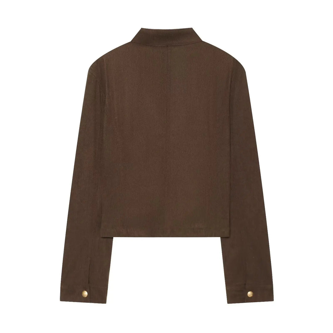 Women’s cropped brown slim-fit coat, back view, stand collar with small gold buttons