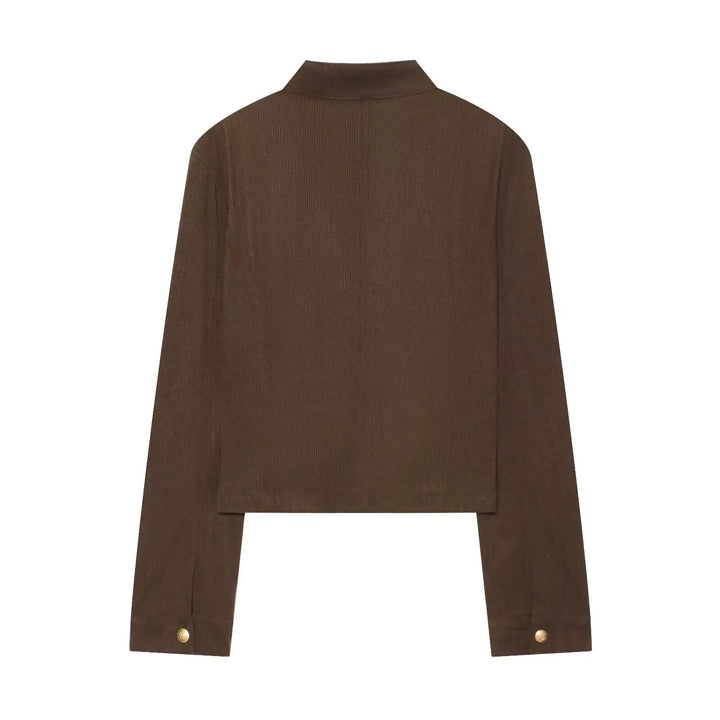Women’s cropped brown slim-fit coat, back view, stand collar with small gold buttons