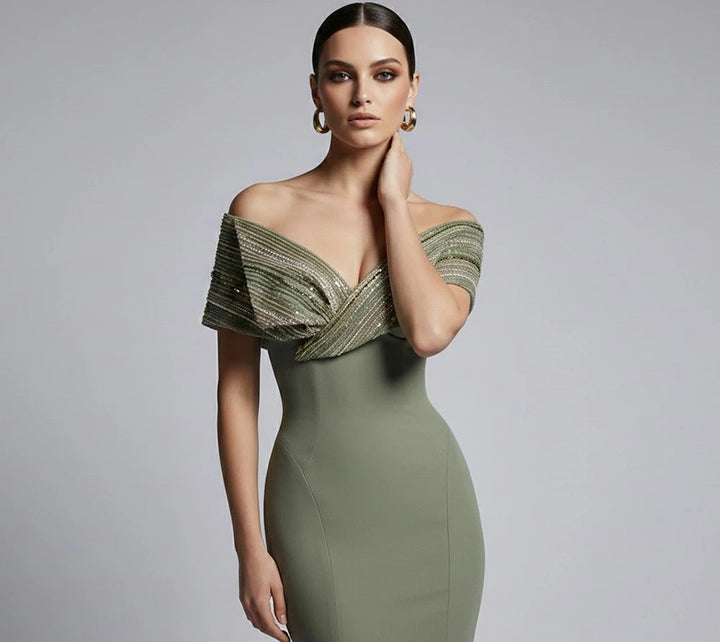 Delicate Beaded Shoulder Evening Gown