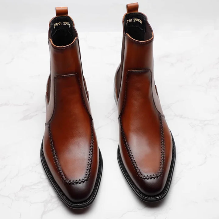 British Pointed Toe Cowhide Leather Chelsea Boots