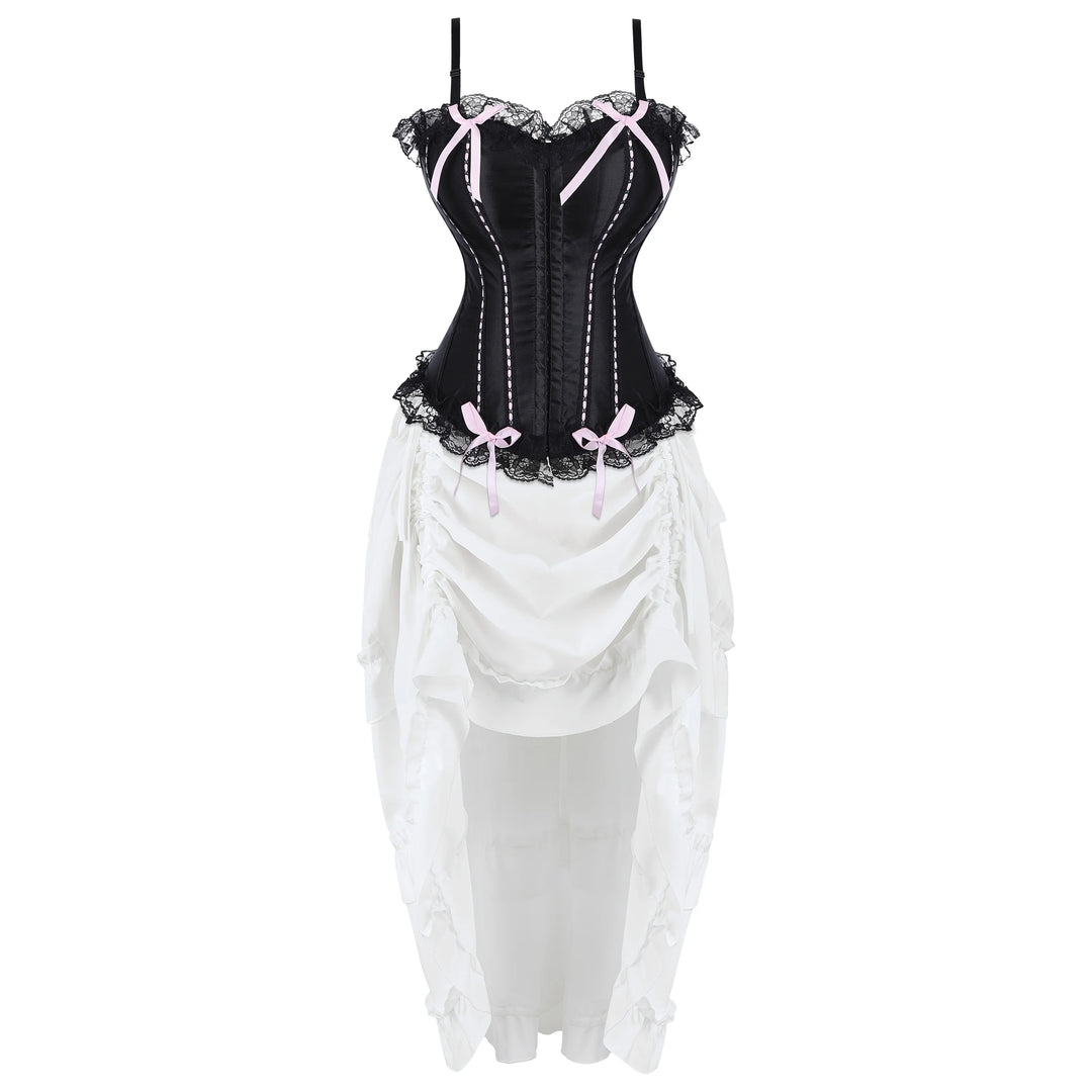 Black corset dress with white layered skirt, lace trim and pink ribbon bow details