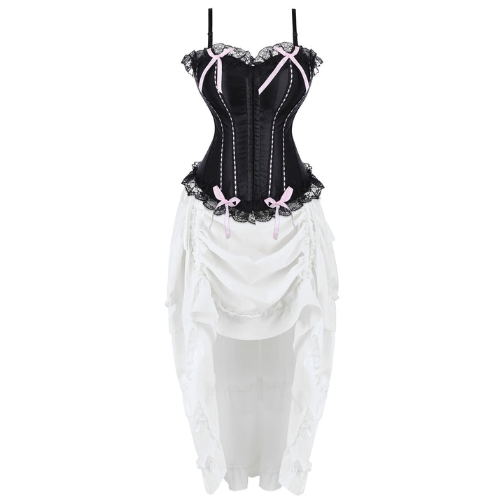 Black corset dress with white layered skirt, lace trim and pink ribbon bow details