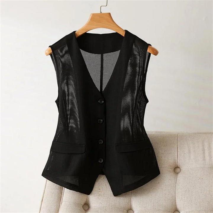 Black short mesh waistcoat with button front and side flap pockets