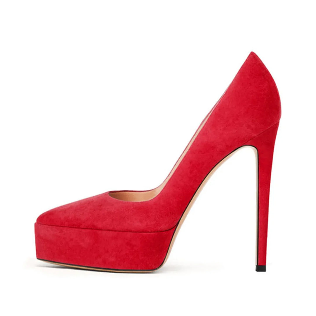 Red faux suede platform high-heel pumps with pointed toe and stiletto heel