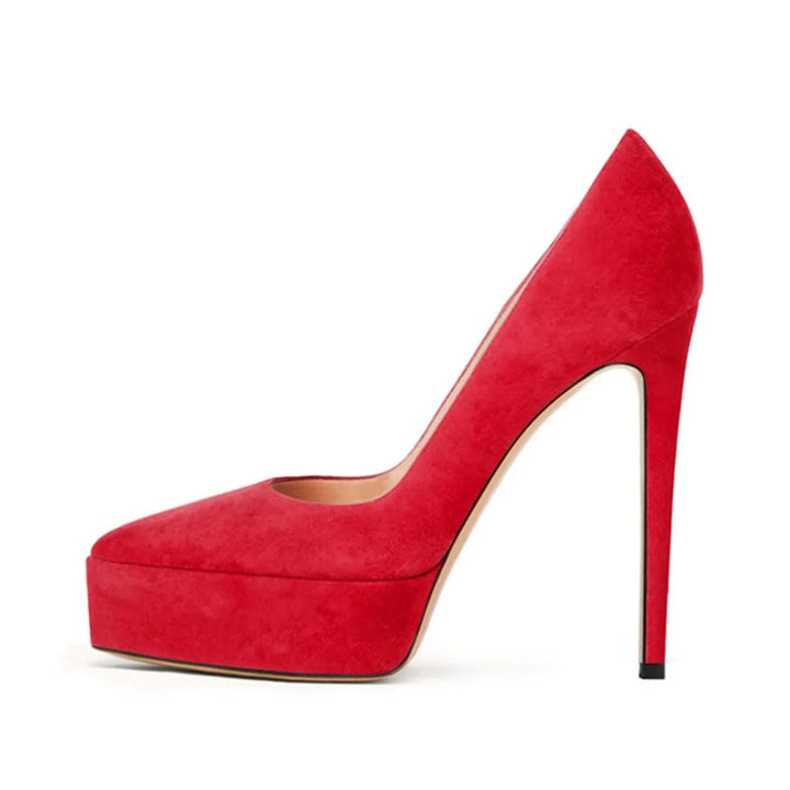 Red faux suede platform high-heel pumps with pointed toe and stiletto heel